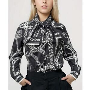 N by Nancy Black White Chain Print Button Down Blouse Womens Size XXL